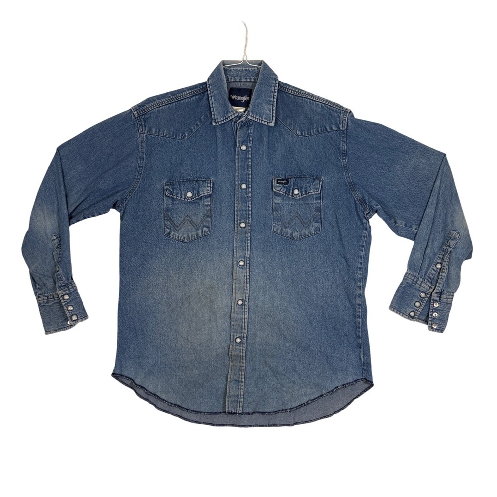 Wrangler Mens Western Denim Pearl Snap Shirt Blue L MS7011D Long Sleeve Cowboy